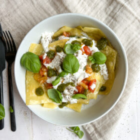 Åben lasagne med burrata