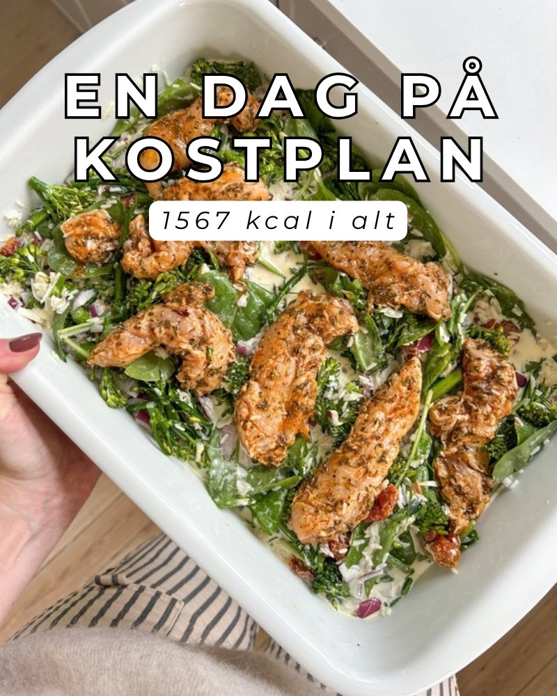 En dag på kostplan, 1567 kcal i alt – opslag fra @pigenikoekkenet